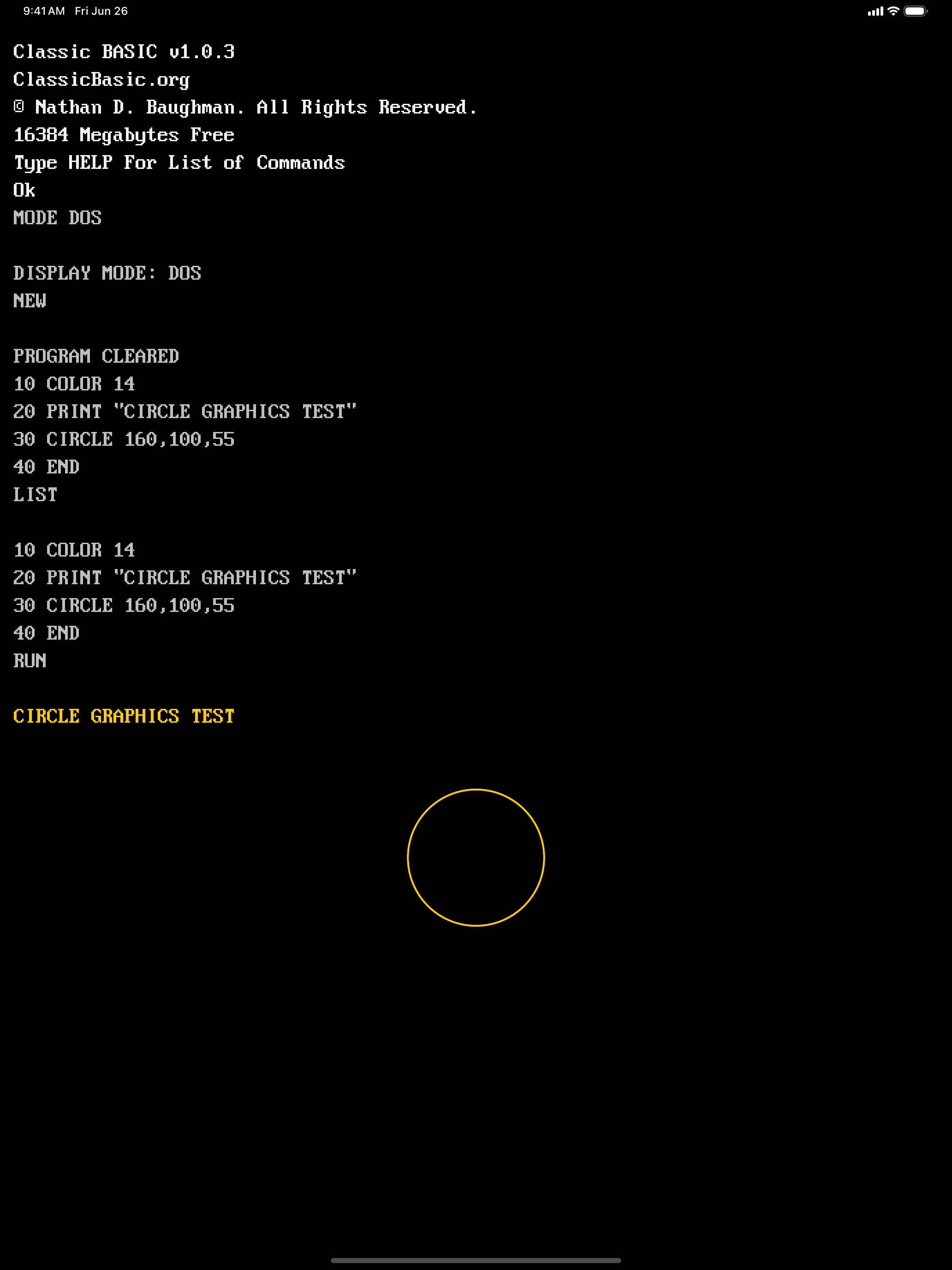 A circle drawing program and its yellow graphics output in Classic BASIC on iPad