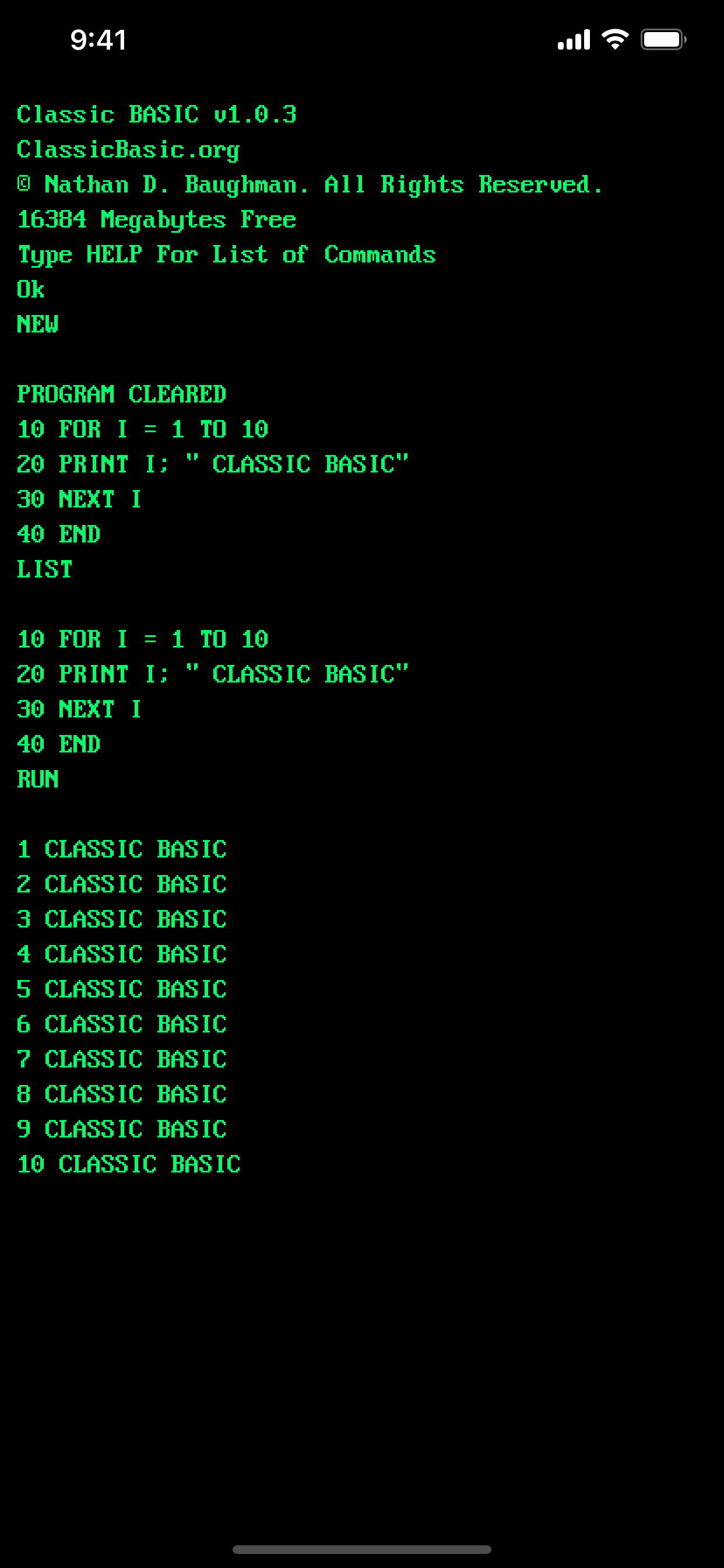 A FOR/NEXT program listed and running in Classic BASIC on iPhone